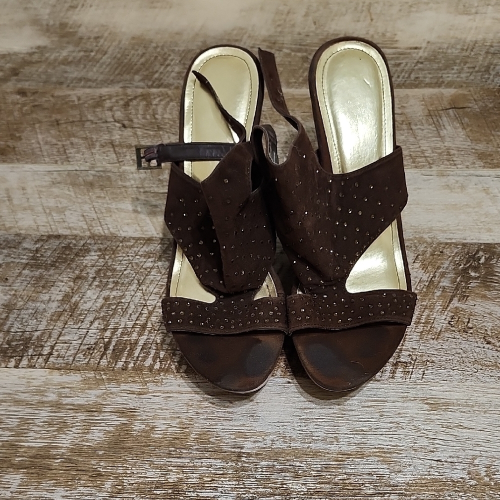 Vanity Gold and Brown Wedge Sandals with Chunky Heel